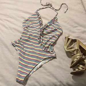 Solid & Striped retro ruffled cross halter primary colors striped one piece sz M
